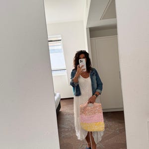 Große Handtasche für Damen, Bunte Henkeltasche, handgemachte Tasche aus recyceltem Bändchengarn, nachhaltige Damenhandtasche, Ostergeschenk