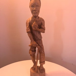 1950&#39;s Vintage African Hand Carved Wood Man Figurine with Pineapple - Folk Art Collectible