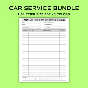 Car Maintenance Tracker Bundle: Printable Vehicle Repair Log (US Letter PDF)
