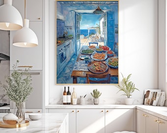 Puede incluir: Una pintura de una cocina con vista al océano. La cocina está pintada en tonos de azul y blanco, y la mesa está puesta con una variedad de platos, incluyendo un tazón de fruta, un plato de pan y una copa de vino. El océano es visible a través de una ventana en el fondo.