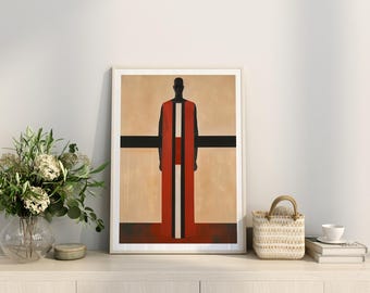 May include: A framed abstract painting of a person in a red and white robe standing in front of a black line. The background is a light brown color.