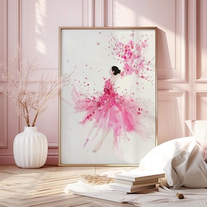 Aquarel kunst van dansende vrouw in gebloemde jurk, vrouwelijke muur decor, elegante danseres schilderij, bloemenjurk artwork, home decor cadeau idee
