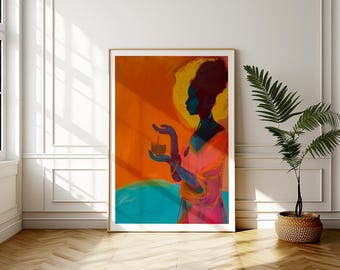 Könnte beinhalten: Ein digitales Gemälde einer Frau mit dunkler Haut, die ein rosa-oranges Kleid trägt und eine kleine Schale in der Hand hält. Der Hintergrund ist in leuchtenden Orange- und Blautönen gehalten.