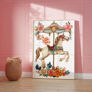 Magical Carousel Horse Nursery Art Print Baby Room Wall Decor, Enchanting Merry-Go-Round Artwork, Ideal Gift for New Parents, Gender Neutral