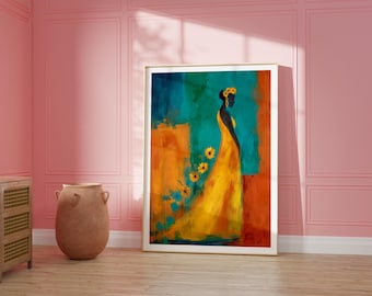 Könnte beinhalten: Abstrakte Malerei in einem goldenen Rahmen, die eine Frau in einem gelben Kleid mit Sonnenblumen darstellt. Das Kunstwerk ist vor einem Hintergrund aus Türkis- und Orangetönen platziert. Das Gemälde lehnt an einer rosa Wand und schafft eine warme Atmosphäre.