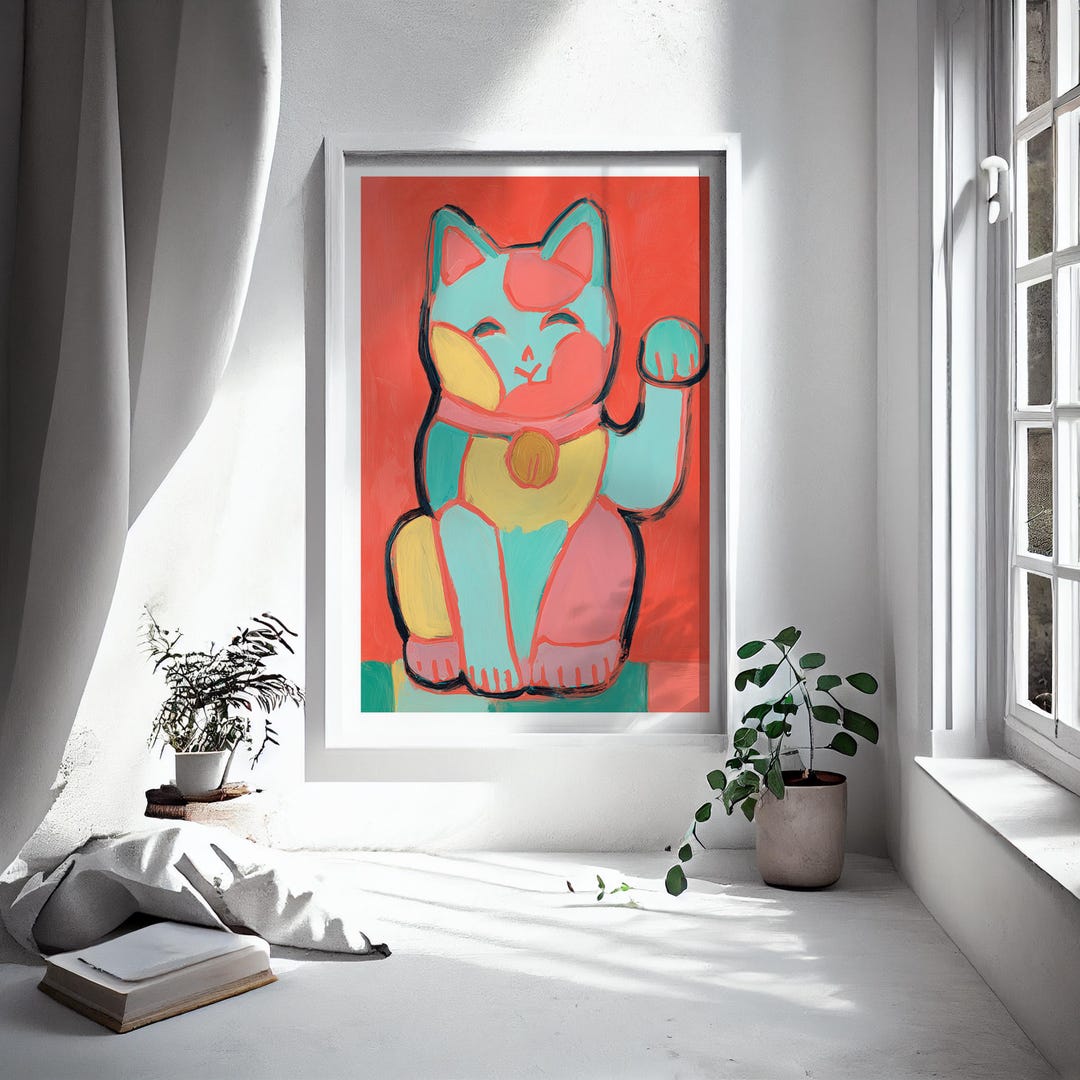 Lucky Cat Wall Art Print, Maneki Neko Poster, Japanese Good Luck Charm ...