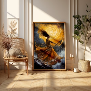 May include: A painting of a woman with dark skin and long, curly hair, wearing a flowing yellow and orange dress. She is holding a large axe in her right hand and is standing in front of a swirling yellow and blue background.