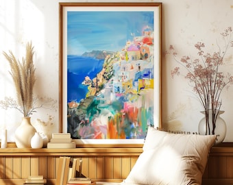 Santorini Greece Art Print: Vibrant Abstract, Modern Home Decor (Digital Download)