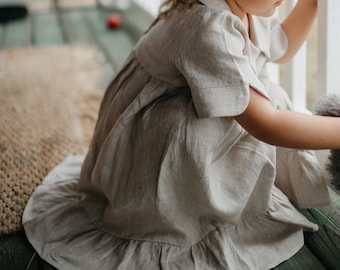 Natural Linen Baby Dress Toddler Dress Hand Made Children's Vintage Dress Old Fashion Long Maxi Dress  Buttons Down Back Baptism Flower Girl