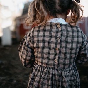 Linen Toddlers Organic Dress Hand Made Children&#39;s Vintage Dress Retro Dress Old Fashion Plaid Long Maxi Dress, Wooden Buttons Long Sleeves