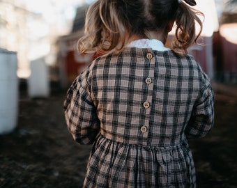 Linen Toddlers Organic Dress Hand Made Children's Vintage Dress Retro Dress Old Fashion Plaid Long Maxi Dress, Wooden Buttons Long Sleeves
