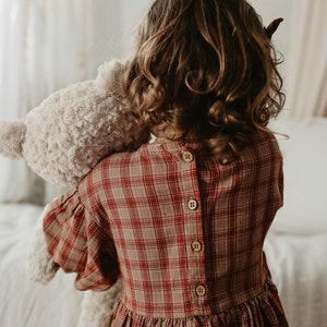 Linen Toddlers Organic Dress Hand Made Children&#39;s Vintage Dress Retro Dress Old Fashion Plaid Long Maxi Dress, Wooden Buttons Long Sleeves
