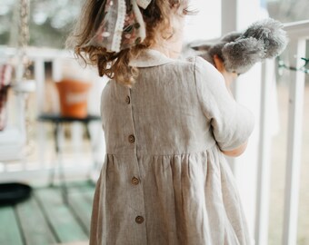 Natural Linen Baby & Toddler Dress Hand Made Children's Vintage Dress Retro Dress Old Fashion Plaid Long Maxi Dress Wooden Buttons Down Back