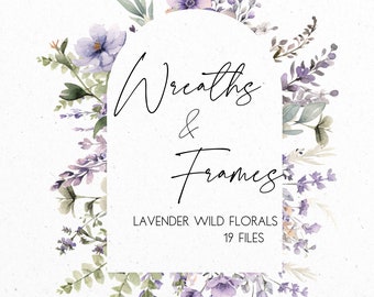 Lavender Floral Watercolor Clip Art, Wild Floral Wreath and Frames, Wedding Card, Greeting Card Decor, Card Elements, Instant Download