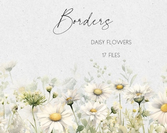 Daisy Flower Watercolor Clipart | Daisy Border | Daisy Flower PNG | White Floral Watercolor | Wildflower Clip Art | Commercial Use