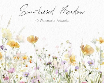 Sun-Kissed Meadow Wildflower Watercolor Clipart - Wedding, Floral, Summer, PNG, Wreath, Border - Elegant Floral Graphics for Invitations