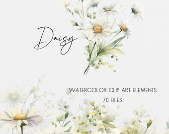 Daisy Flower Watercolor Clip Art | Daisy Flower PNG | White Floral Watercolor | Card Element | Greeting Card Decor | Commercial Use