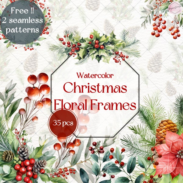 Watercolor Christmas Floral Frame Cliparts For Holiday Invitation, Commercial Use