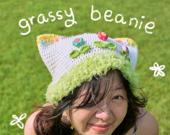 Grassy Beanie / Crochet cat beanie (Made to Order)