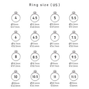 Peut inclure: Un tableau montrant les tailles de bague en taille am&eacute;ricaine, avec les mesures correspondantes en millim&egrave;tres pour le diam&egrave;tre int&eacute;rieur et la circonf&eacute;rence de la bague. Le tableau montre les tailles 4 &agrave; 11,5.