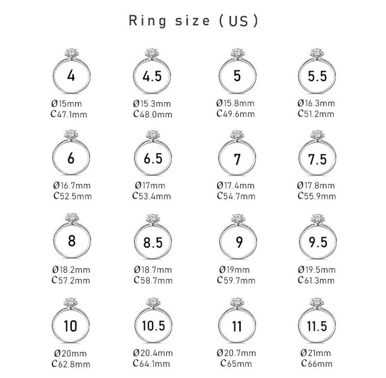 Peut inclure: Un tableau montrant les tailles de bague en taille am&eacute;ricaine, avec les mesures correspondantes en millim&egrave;tres pour le diam&egrave;tre int&eacute;rieur et la circonf&eacute;rence de la bague. Le tableau montre les tailles 4 &agrave; 11,5.