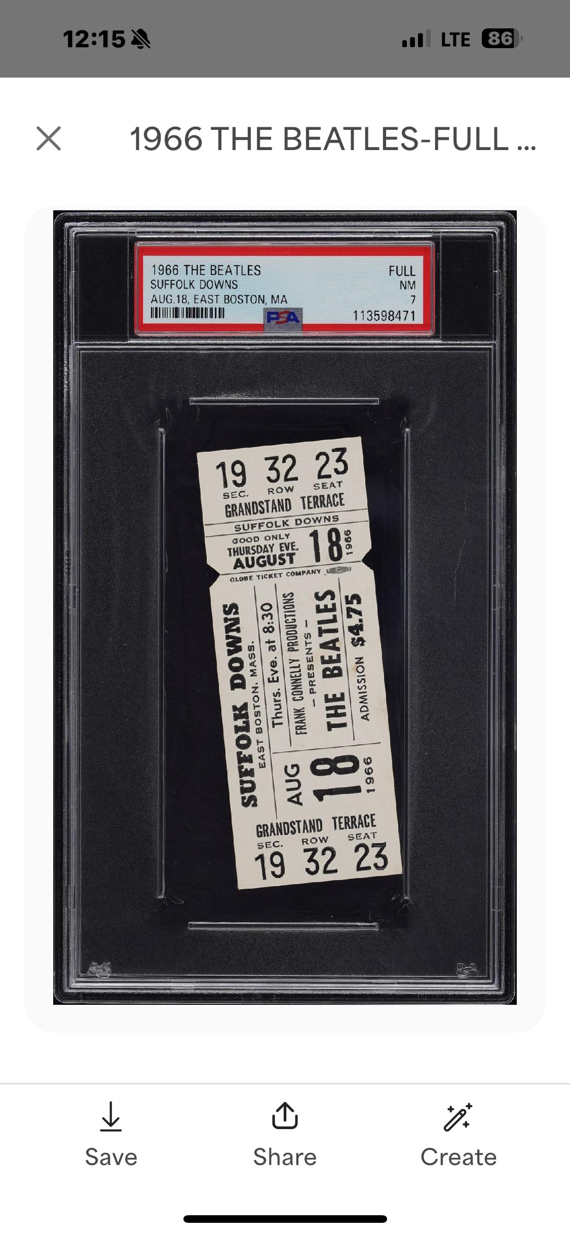 The Beatles Real Original Concert Ticket 1966 Suffolk Downs PSA 7