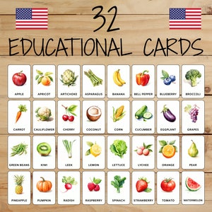32 Montessori Cards • Fruits and Vegetables • French • Printable Flashcards • Education • For Kids • Learning • Categorized Images