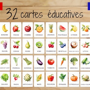 32 Cartes Montessori • Fruits Légumes • Français • Flashcards imprimables • Éducation • Pour enfants • Apprentissage • Images classifiées