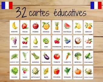 32 carte Montessori • Frutta Verdura • Francese • Flashcard stampabili • Educazione • Per bambini • Apprendimento • Immagini classificate