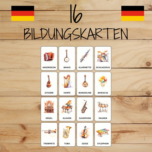 16 Montessori-Karten • Instrumente • Deutsch • Druckbare Flashcards • Bildung • Für Kinder • Lernen • Kategorisierte Bilder