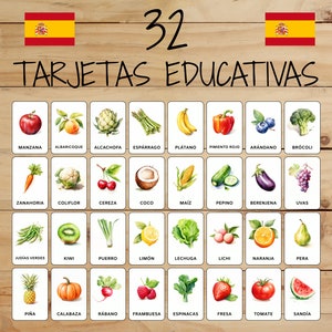 32 Montessori Tarjetas • Frutas y Verduras • Inglés • Afdrukbare Tarjetas • Educación • Para Niños • Aprendizaje • Afbeeldingen Clasificadas