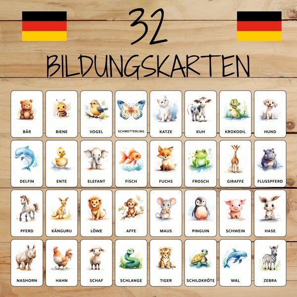 32 Montessori-Karten • Tiere • Deutsch • Druckbare Flashcards • Bildung • Für Kinder • Lernen • Kategorisierte Bilder