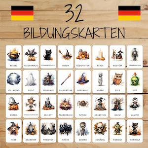 32 Montessori Cards • Halloween • Deutsch • Ausdrückbare Flashcards • Bildung • Für Kinder • Lernen • Klassifizierte Bilder • Flashcards