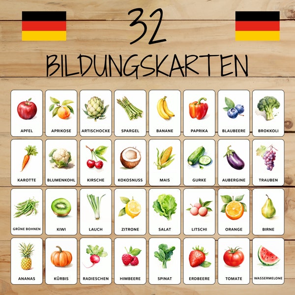 32 Montessori-Karten • Obst und Gemüse • Französisch • Druckbare Flashcards • Bildung • Für Kinder • Lernen • Kategorisierte Bilder