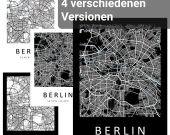Berlin Stadtkarte Wandbild Druck Kunst Wanddeko Stadtplan weiß schwarz Straßen Wasser Ausdruck hochwertiges Papier 250g Wohnung Zimmer