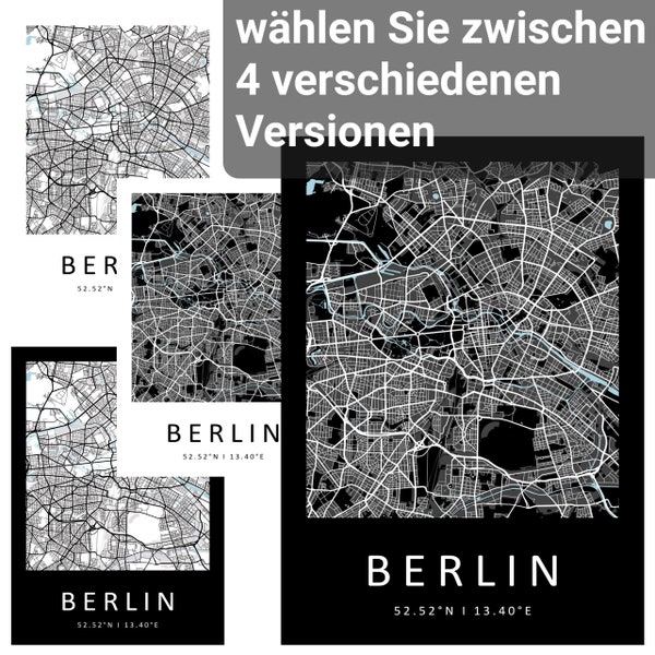 Berlin Stadtkarte Wandbild Druck Kunst Wanddeko Stadtplan weiß schwarz Straßen Wasser Ausdruck hochwertiges Papier 170g Wohnung Zimmer