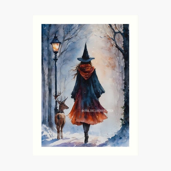 A Witch in Winter ~ 7X5" Altar Print (download only) ~ Witchy Watercolour Art, Fairytale Witchy Cottage Snowy Art Print