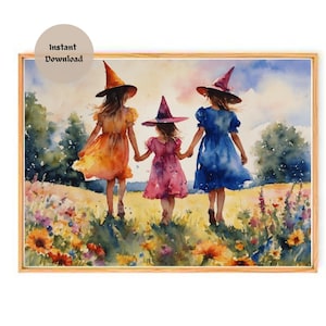 PEQUEÑAS BRUJAS DE VERANO Jugando en el prado ~ Impresión de altar de 6 x 8" (solo descarga) ~ Arte de acuarela de brujas ~ Solsticio de verano