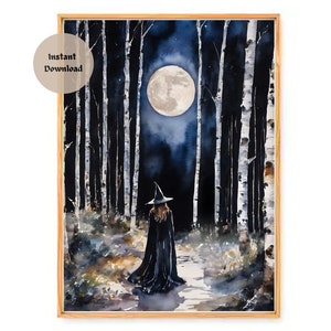 Witchy Moon ~ HD Altar Print (download only) ~ Witches Watercolour Wall Art Decor | Printable Witch Witchcore Pagan Full Moon Painting
