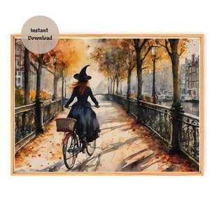Witch in Amsterdam Watercolor Art Print: Witchy Bicycle Ride (Digital Download)