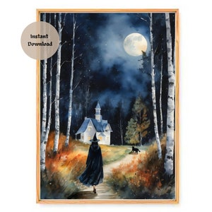 Witch and Familiar Watercolor Art Print: Full Moon Altar Decor (Digital Download)