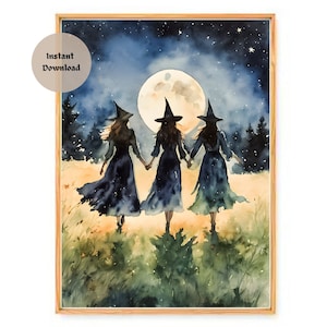 EL PODER DE TRES ~ Reunión de aquelarre en la pradera durante la luna llena ~ Impresión de altar de 7 x 5 pulgadas (solo descarga) ~ Arte de acuarela de brujas