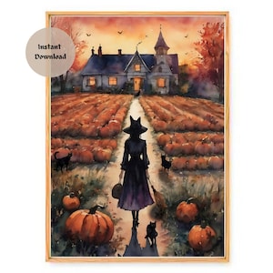 Cat Witch Watercolor Art Print: Halloween Altar Decor (Digital Download)