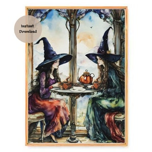 WITCH FRIENDS Catching Up ~ HD Witches Altar Print (download only) ~ Witchy Sisters Drink Tea Coven Wicca Watercolour Art Decor Printable