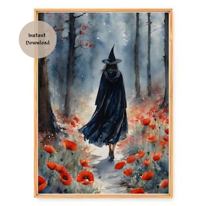 A Witch in Red Poppy Woods ~ HD Altar Print (download only) ~ Witchy Watercolour Art, Fairytale Witches Printable Wall Decor