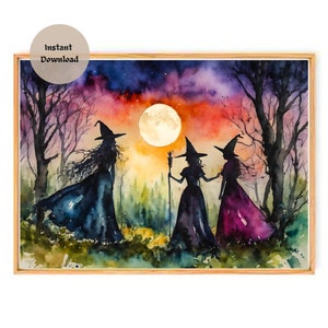 WITCHES GATHER ~ Full Moon Coven Meeting in the Woods ~ 7X5" Altar Print (download only) ~ Witchy Watercolour Art