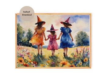 Witchy Watercolour Art Print: Little Summer Witches (6x8" Digital Download)