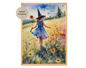 Little Summer Witch Watercolor Print: Witchcore Altar Decor (Download Only)