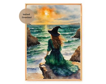 EMERALD WITCH by the SEA ~ Altar Print (download only) ~ Irish Witchy Watercolour Wall Art Download Printable Witch Coven Pagan Summer