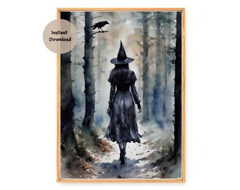 THE GREY WITCH on a Full Moon with Raven ~ Altar Print (download only) ~ Witchy Watercolour Wall Art Decor